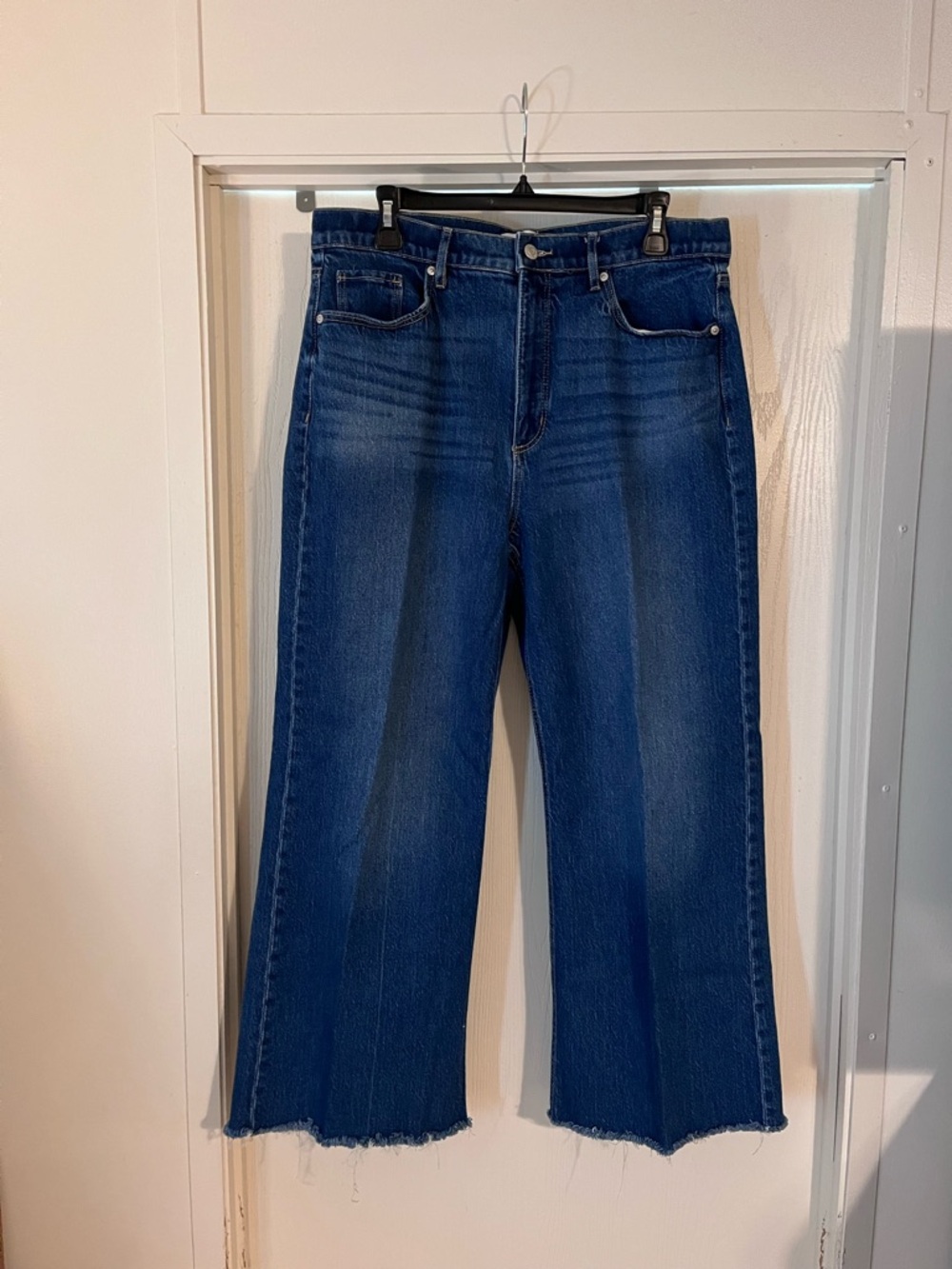 Loft Wide-Leg Cropped High Waisted Blue Jeans With Distressed Hem